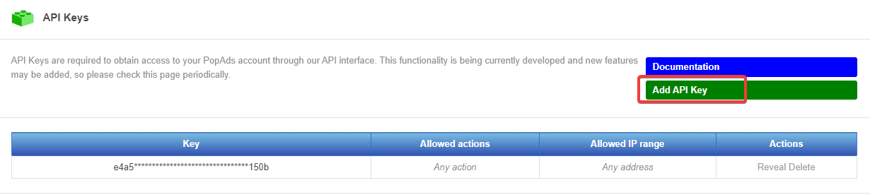Ajouter une API KEY PopAds